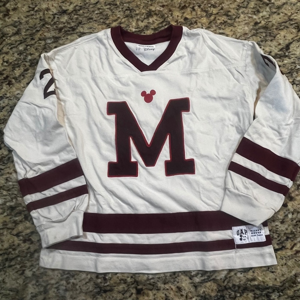 Gap Kids Disney Mickey Mouse Hockey Jersey Shirt Monica‎ Mortel Maroon Cream L